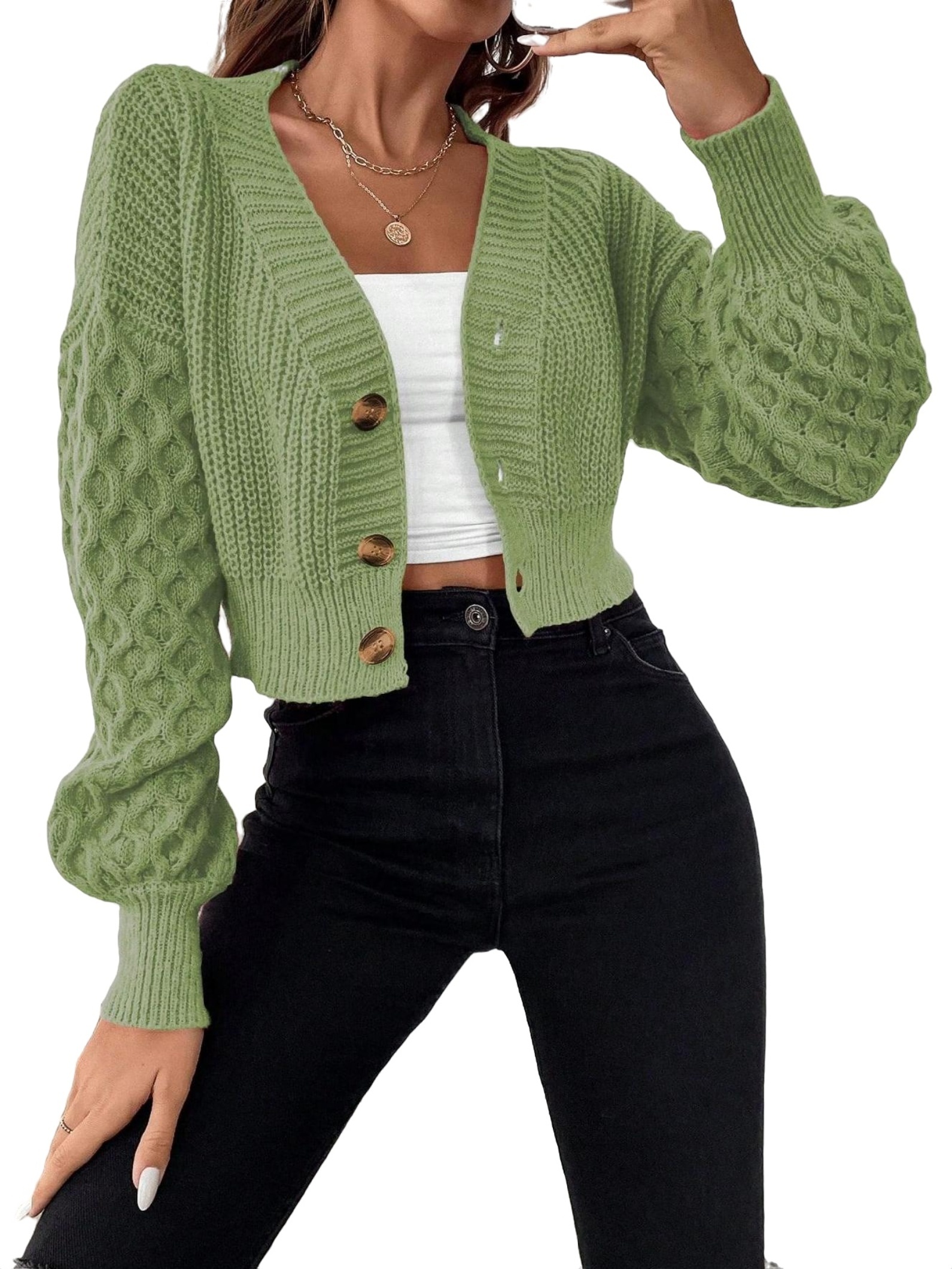 Casual Plain V neck Long Sleeve Green Women Cardigans (Women's)