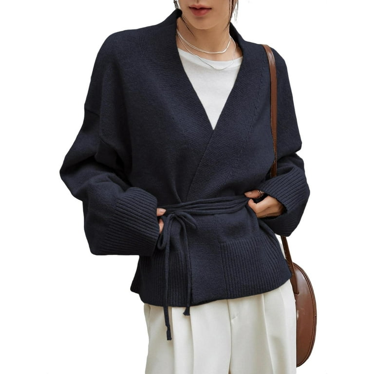 Casual Plain V neck Long Sleeve Navy Blue Women Cardigans (Women's