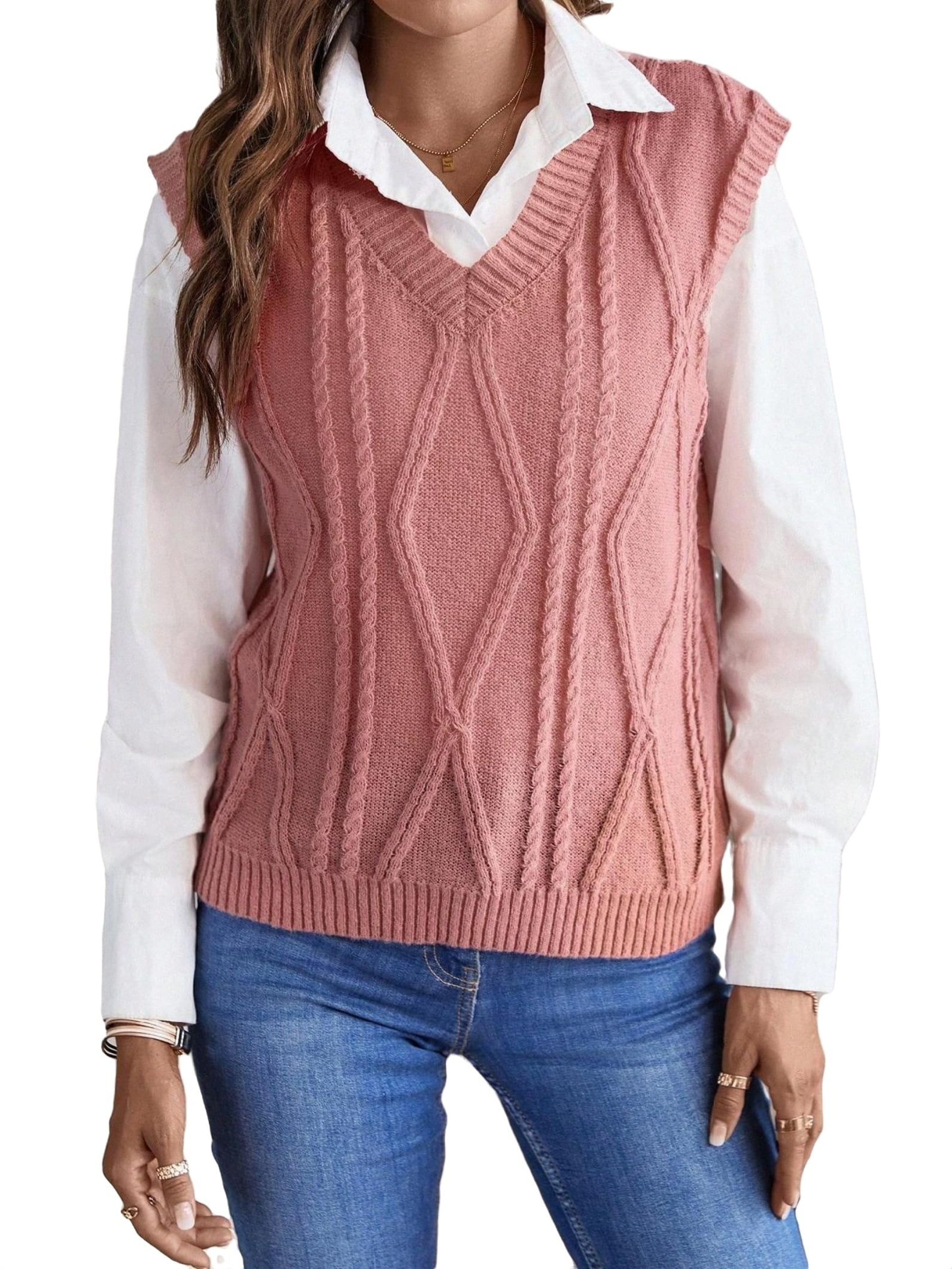 Casual Plain V neck Pink Women Sweater Vests (Women