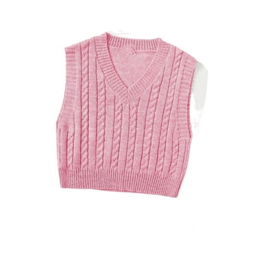 Casual Plain V neck Pink Women Sweater Vests (Women's)