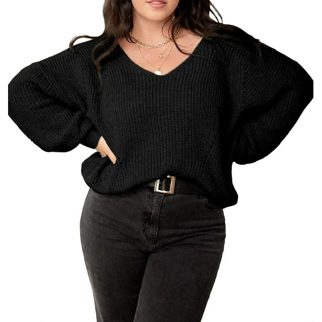 Casual Plain V neck Pullovers Long Sleeve Black Plus Size Sweaters