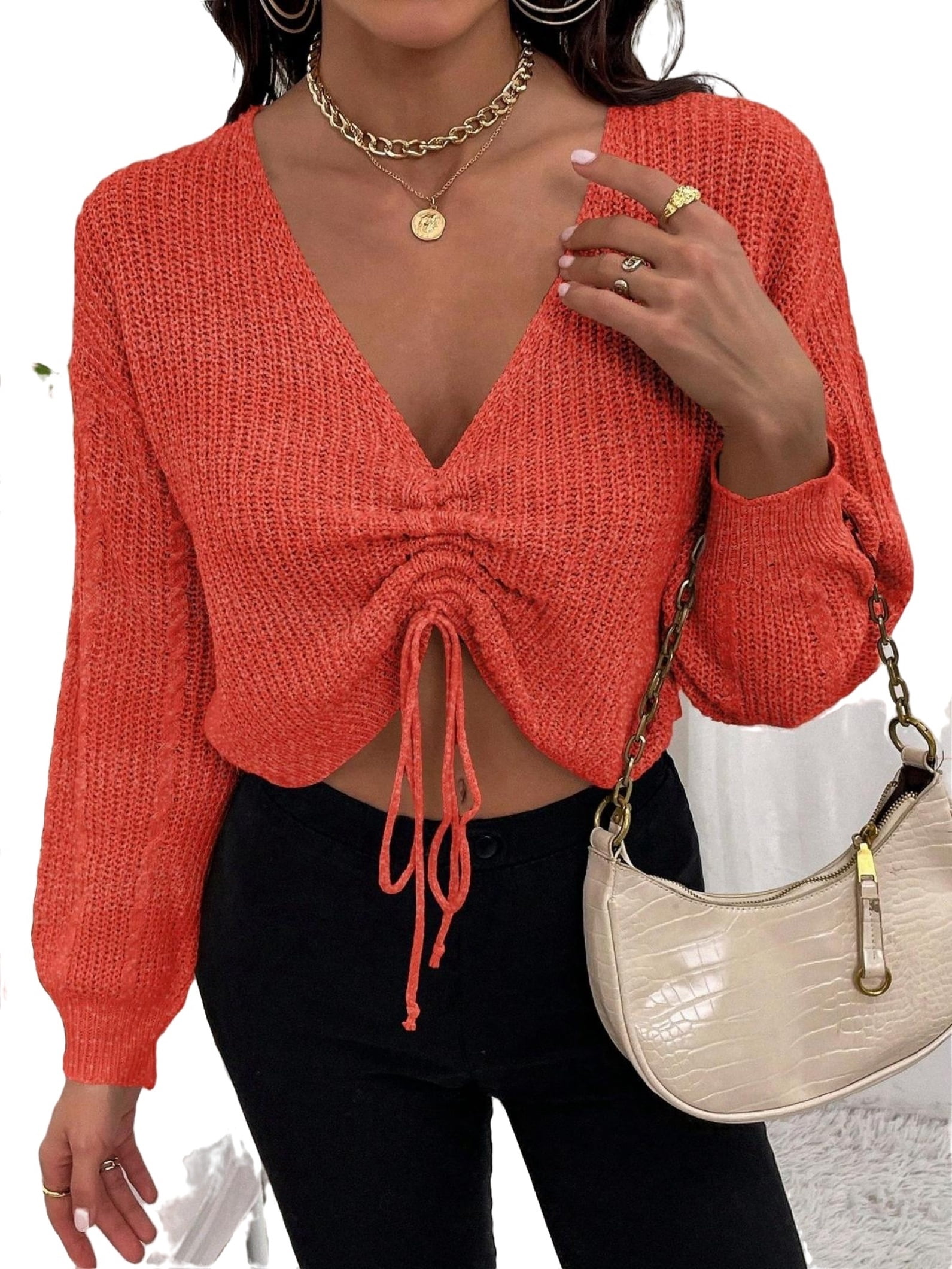 Casual Plain V neck Pullovers Long Sleeve Burnt Orange Women Sweaters ...