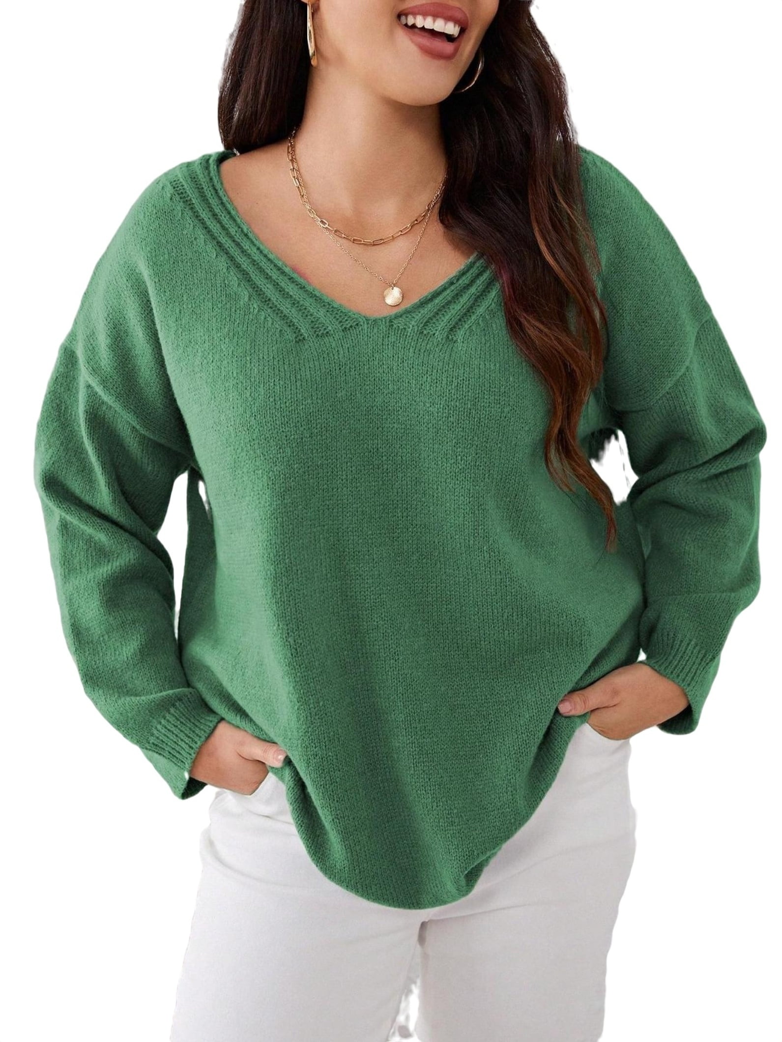 Casual Plain V neck Pullovers Long Sleeve Olive Green Plus Size Sweaters Women s Walmart