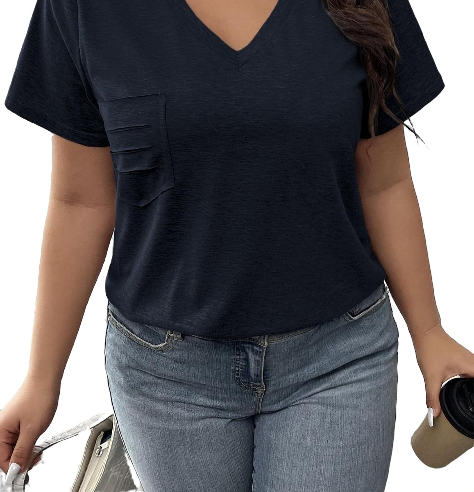 Casual Plain V neck Tee Short Sleeve Navy Blue Plus Size T-shirts ...