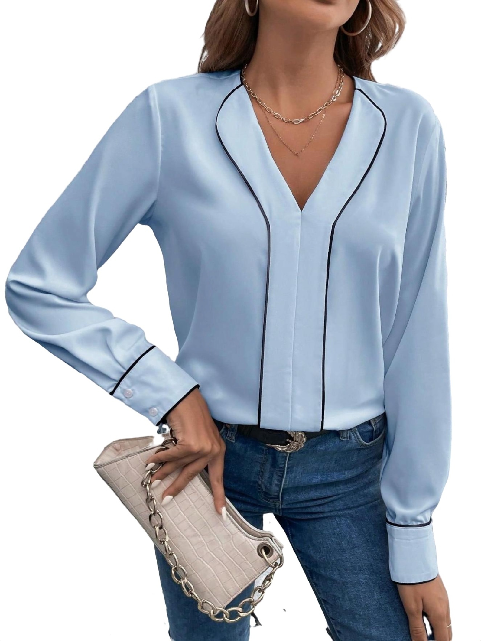 Amoretu Women's Basic V-Neck Tee | Summer Short Sleeve Curved Hem Blouse, Blue, Size L - View #10