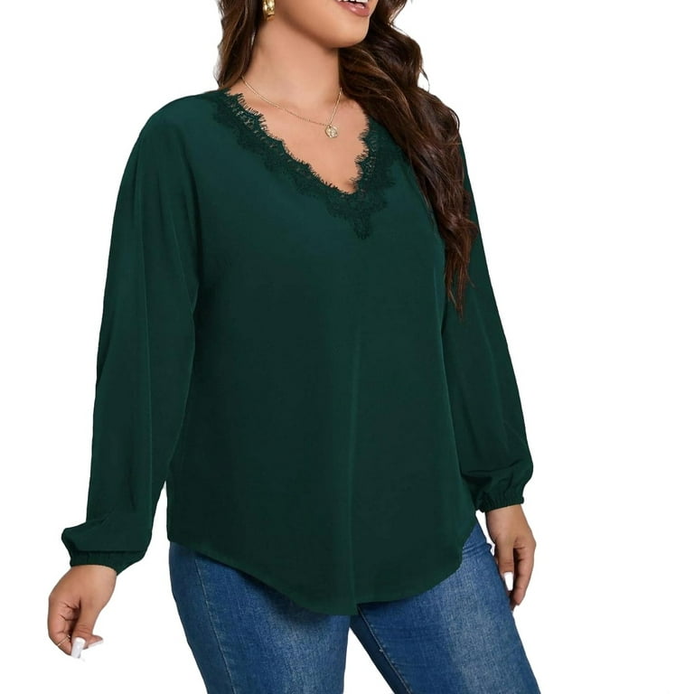 Casual Plain V neck Top Long Sleeve Dark Green Plus Size Blouses Women s Plus Tops Walmart