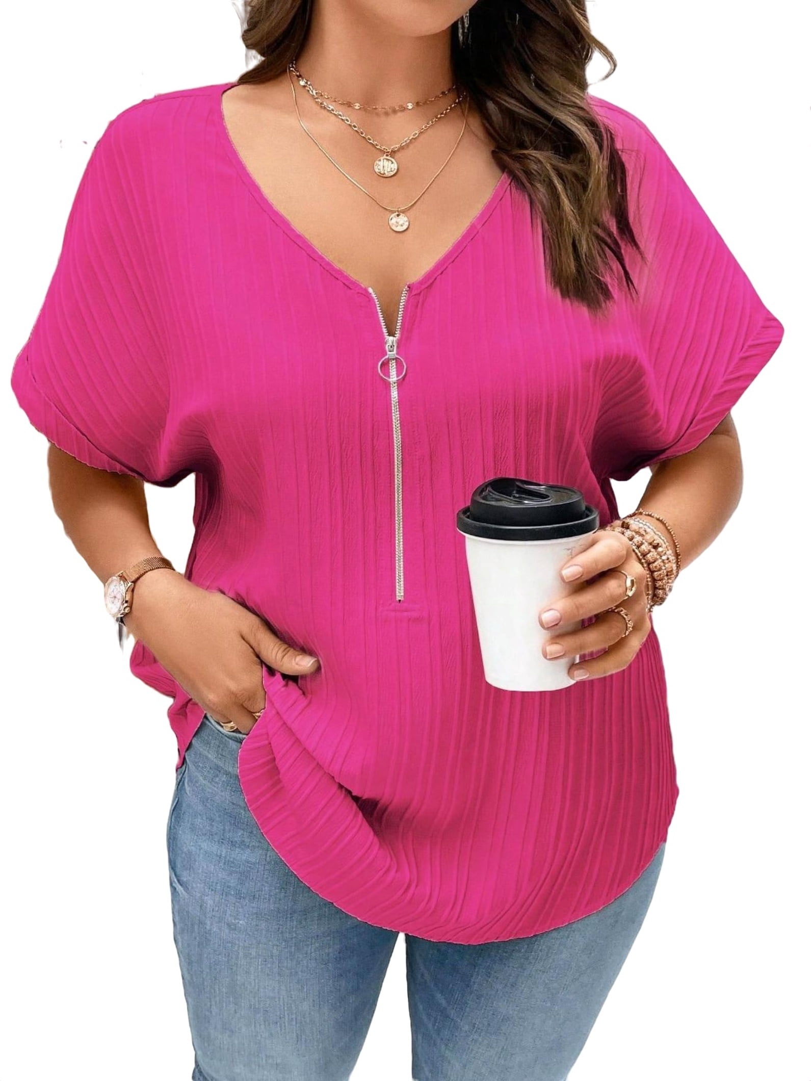 Casual Plain V neck Top Short Sleeve Hot Pink Plus Size Blouses (Women's) -  Walmart.com