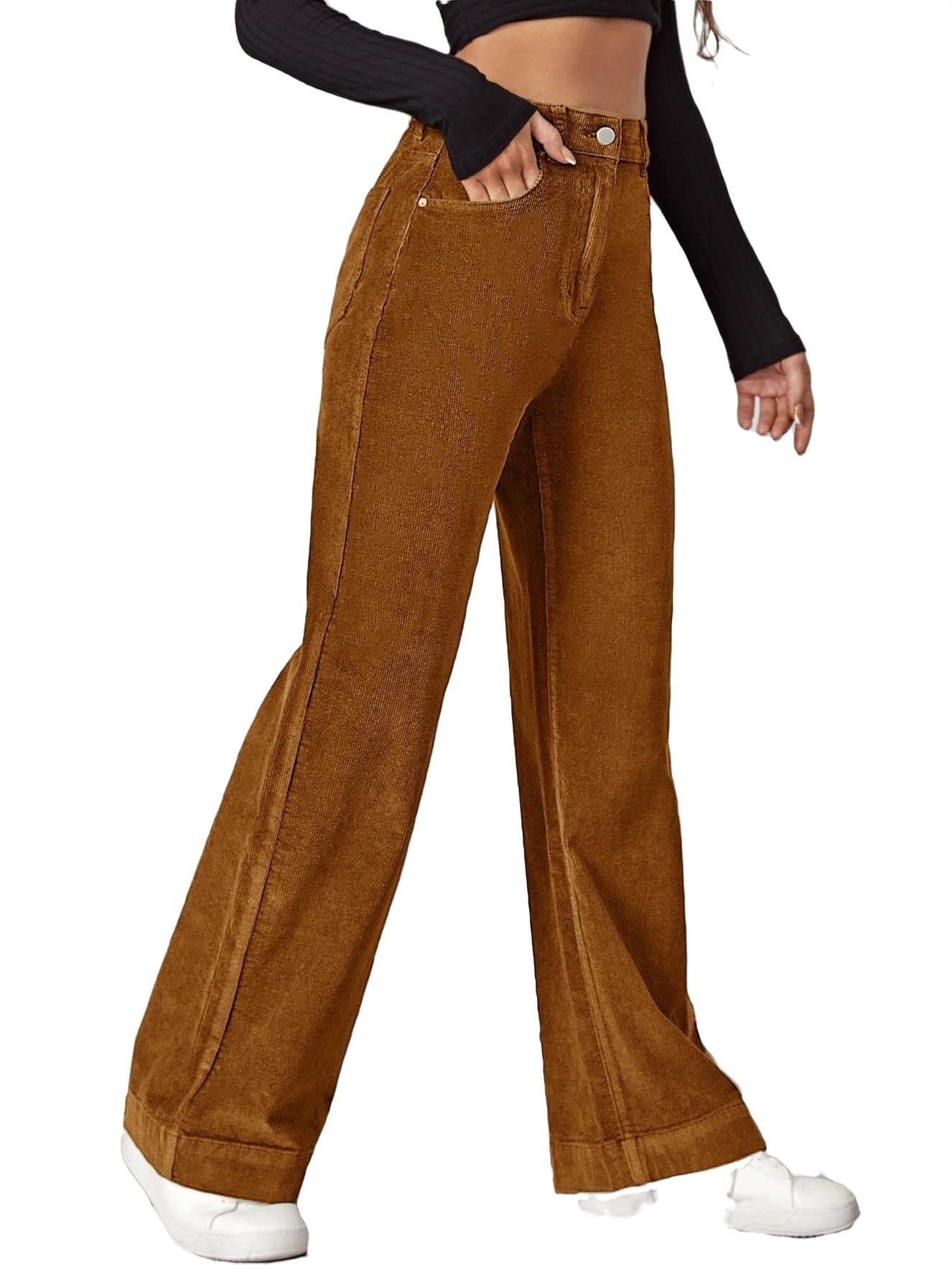 Casual Plain Wide Leg Brown Women's Pants (Women's)