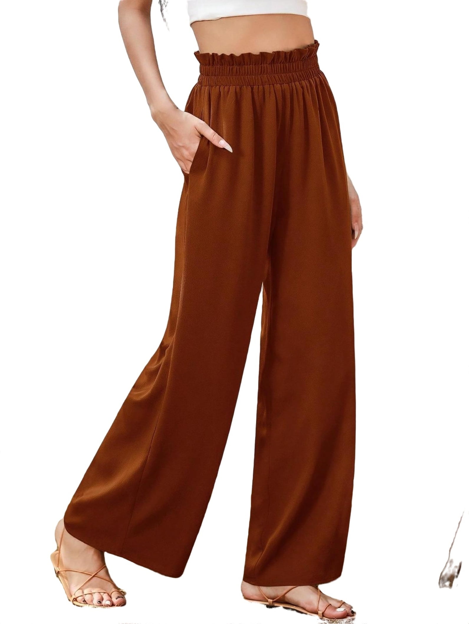 Casual Plain Wide Leg Rust Brown Women Pants (Women's)