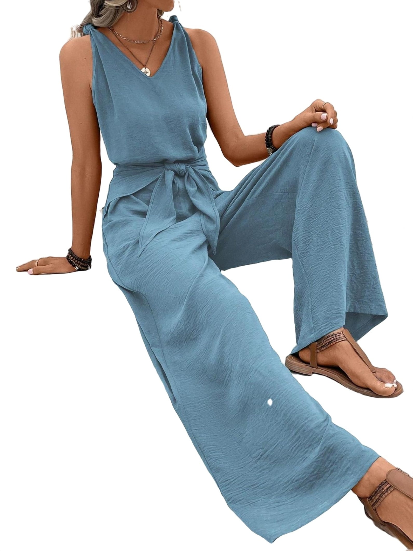 Casual Plain Wide Leg V neck Dusty Blue Women Jumpsuits - Walmart.com