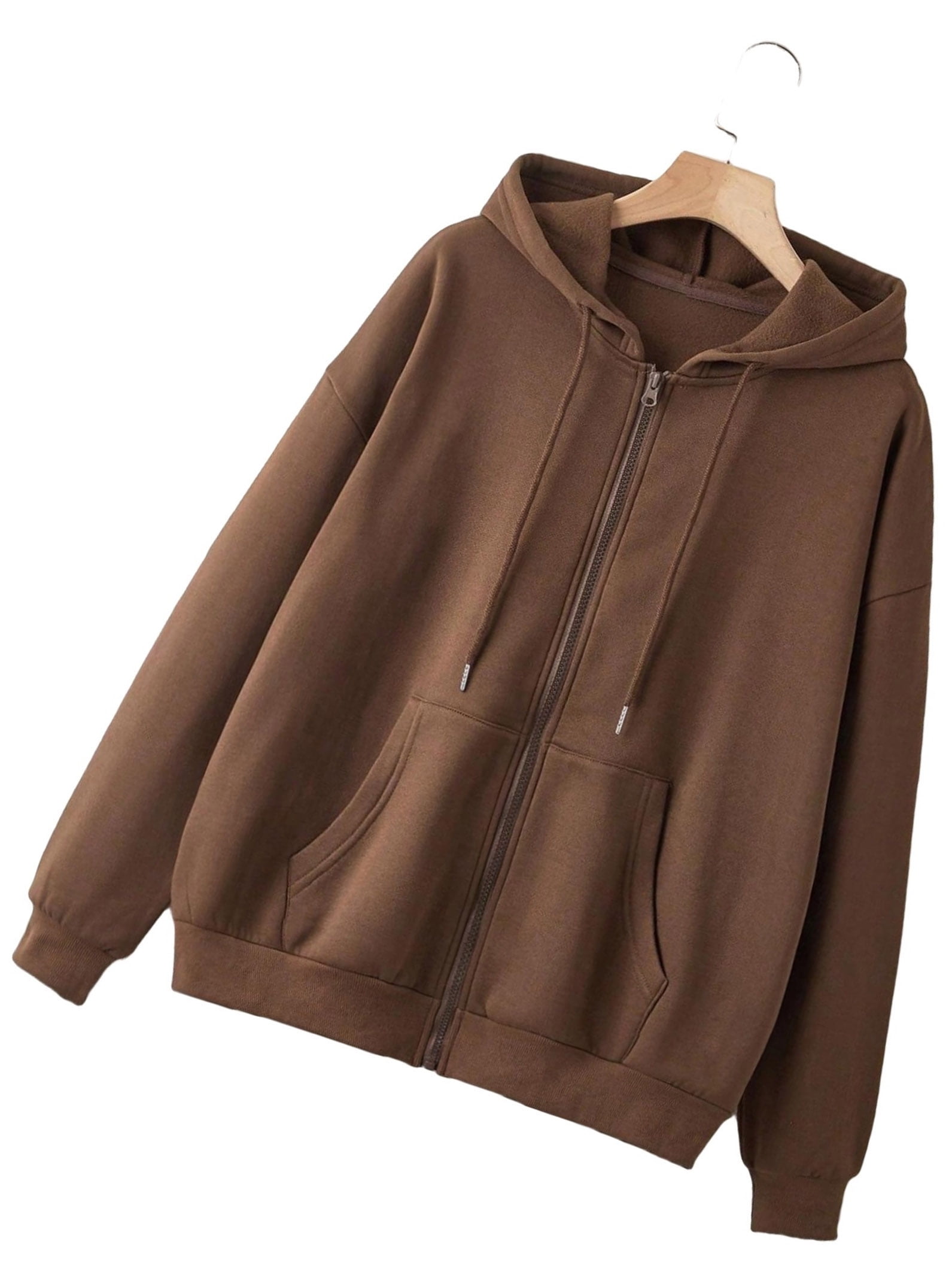 Casual Plain Zip Up Hoodie Brown Plus Size Thermal Lined Sweatshirts