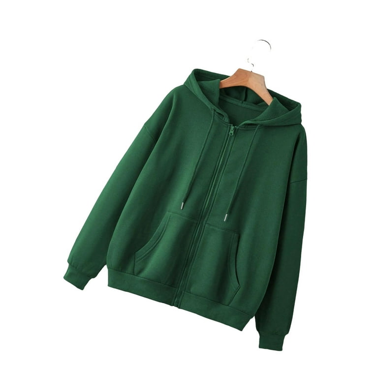 Casual Plain Zip Up Hoodie Dark Green Plus Size Thermal Lined Sweatshirts Walmart