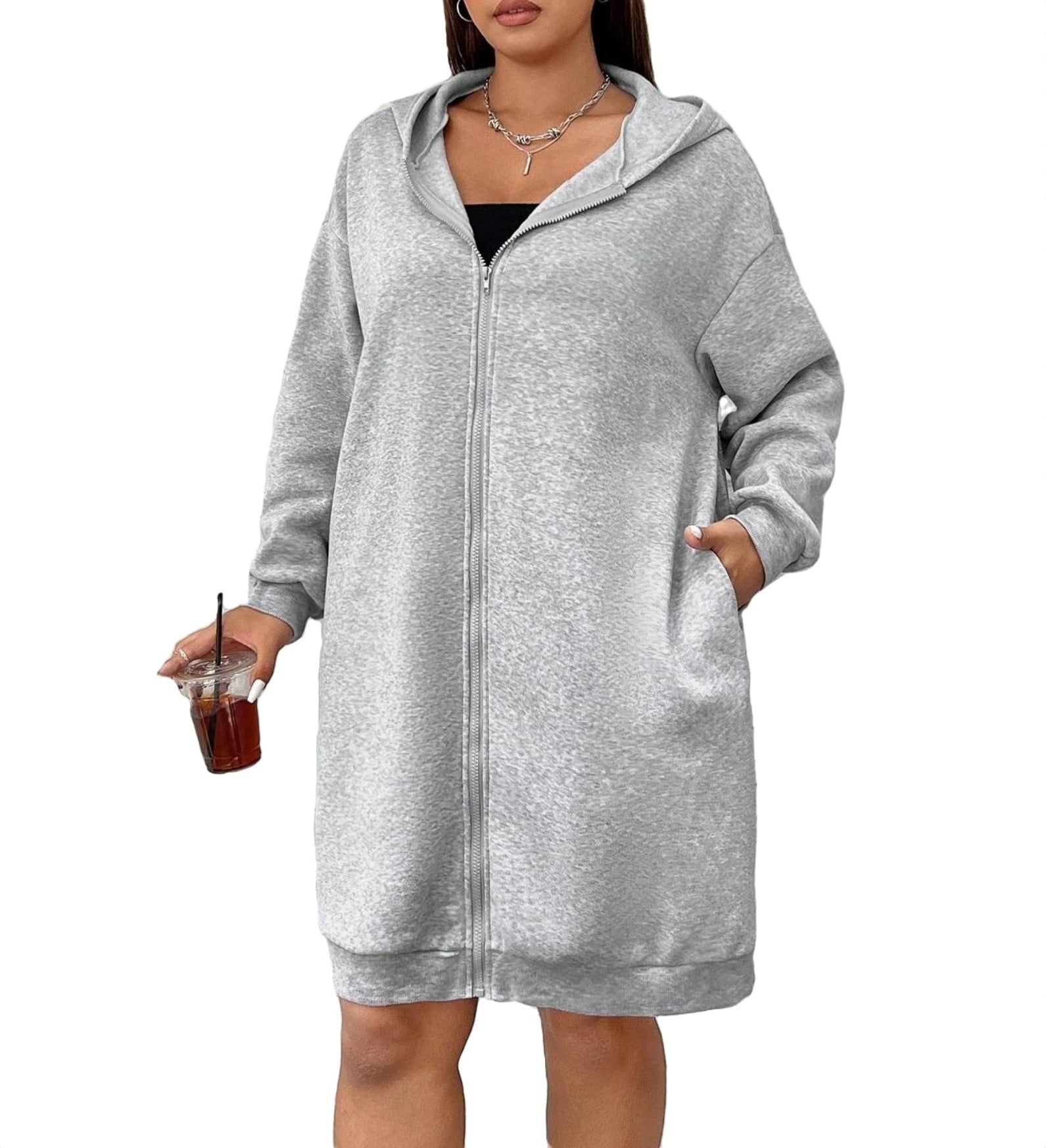 Casual Plain Zip Up Hoodie Light Grey Plus Size Sweatshirts - Walmart.com