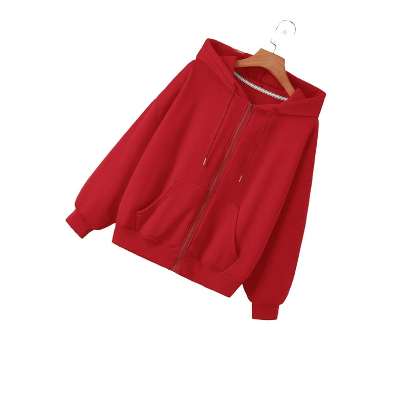 Casual Plain Zip Up Thermal Lined Hoodie Red Women Sweatshirts