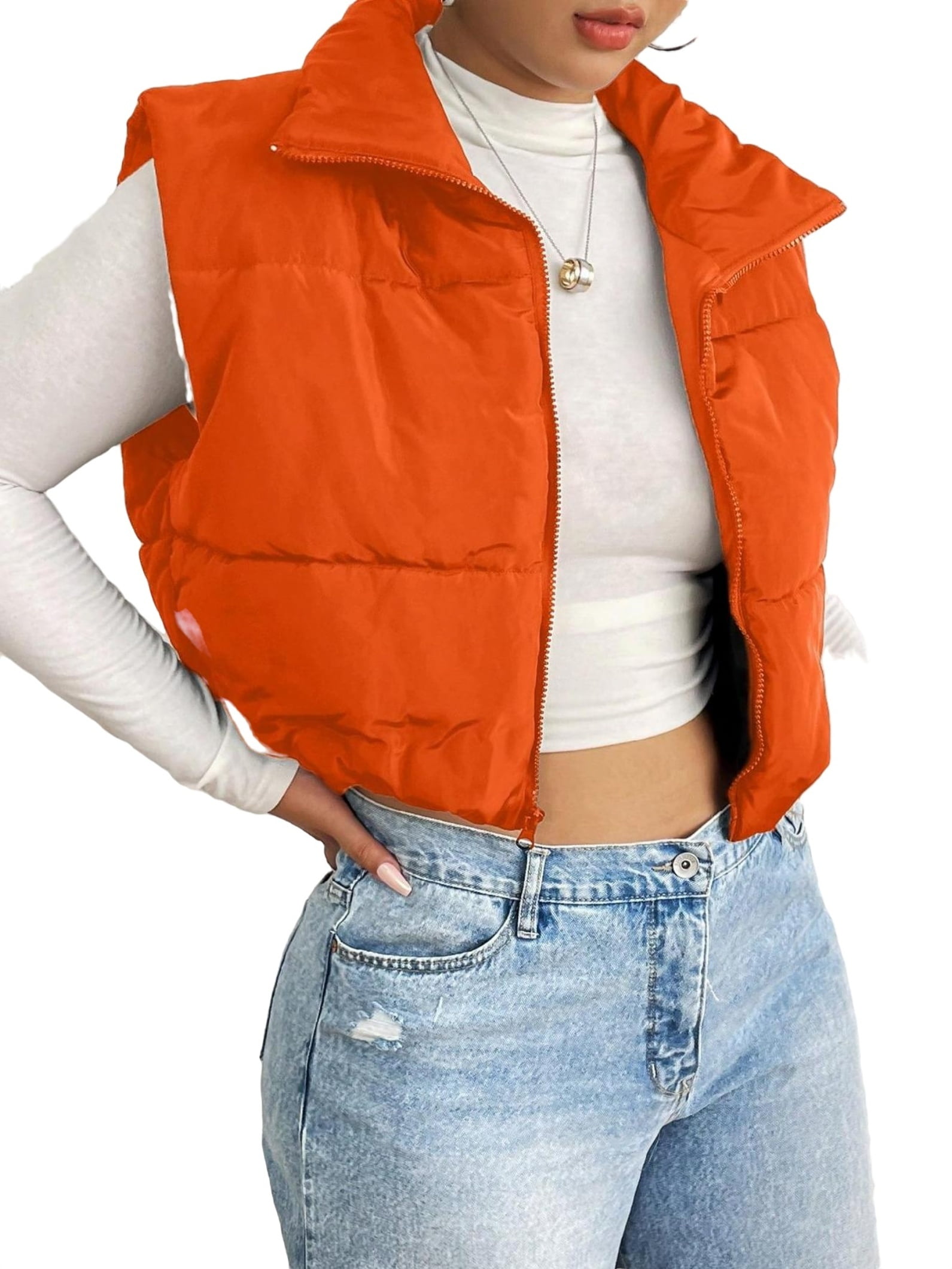 Casual Plain vest Funnel Neck Orange Plus Size Winter Coats - Walmart.com