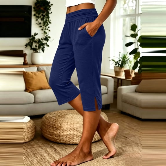 Casual Pleated Capris with Pockets for Women, Loose Solid Pants
