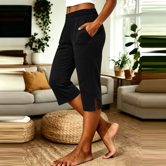 Casual Pleated Capris with Pockets for Women, Loose Solid Pants