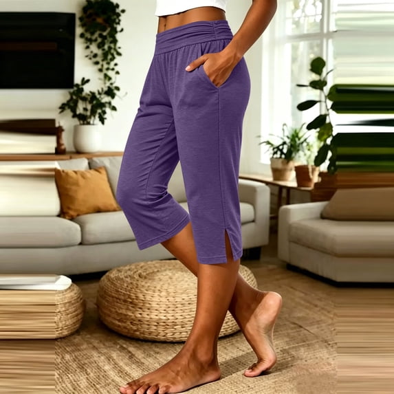 Casual Pleated Capris with Pockets for Women, Loose Solid Pants