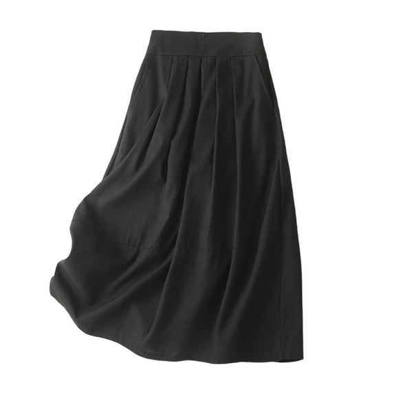 Casual Pleated Skirts Women Elegant High Waist Cotton Lined Long Flare Skirts Black, L