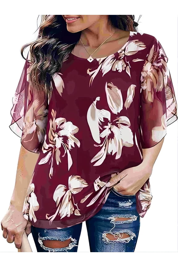 Casual Plus Size Floral Print Crew Neck Top - Split Sleeve for Spring & Summer - Women's Clothing