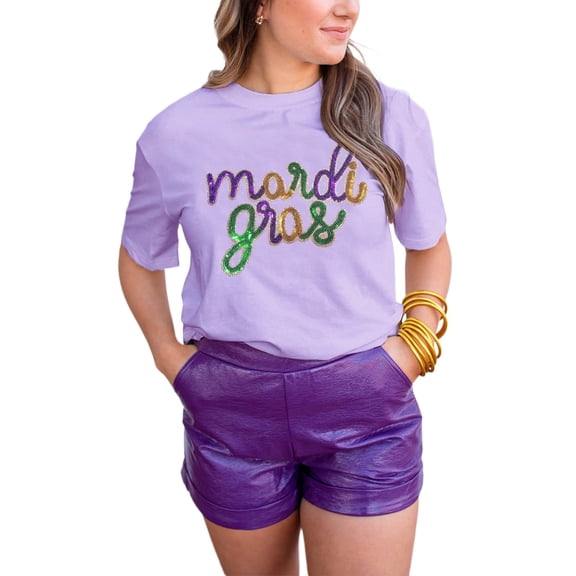 Casual Plus Size Mardi Gras Tee with Shiny Sequin Graphic - Wisteria Color | [ZhiHiMeRi] | (US 16-18)XL