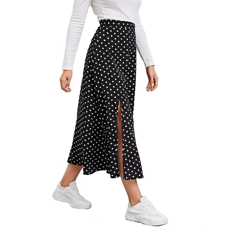 Casual Polka Dot Slit Skirt Black Womens Skirts Women s