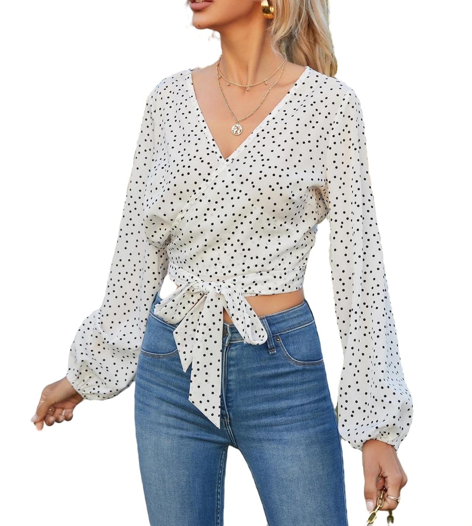 Women's White Polka Dots Printed Round Neck Knitted Studded Top