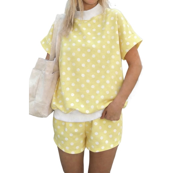 Casual Polka Dot Two-Piece Set for Women – Comfortable Summer Mock Neck Short Outfit, M