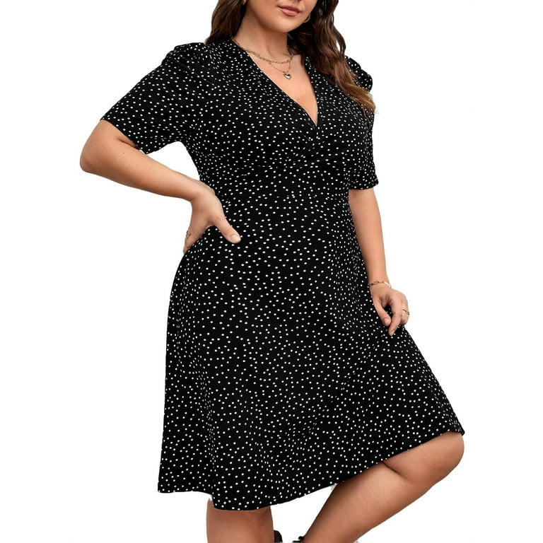 Casual Polka Dot V neck A Line Short Sleeve Black Plus Size