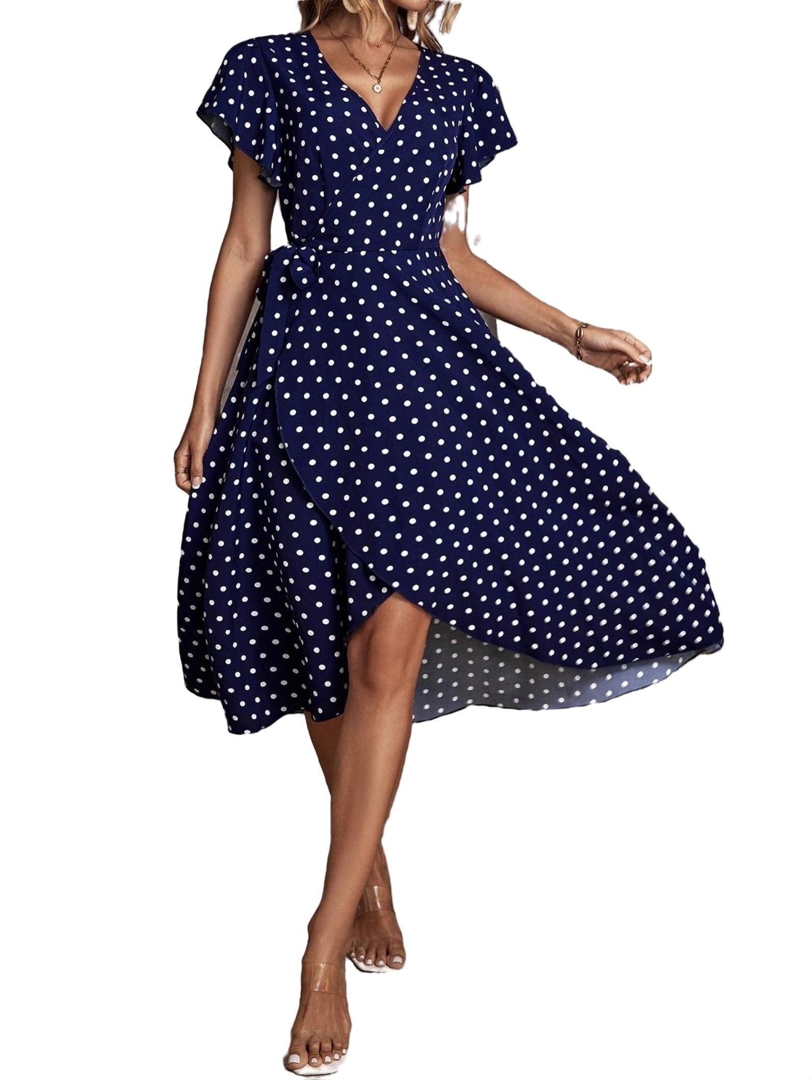 Casual Polka Dot V neck A Line Short Sleeve Navy Blue Womens Dresses (Women's)