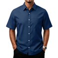 thumbnail image 1 of Casual Print Short Sleeve Shirt for Men Button Front Pocket Chest Top Breathable Summer Lightweight Blouse Work Travel Out Navy L, 1 of 6