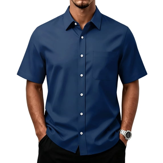 Casual Print Short Sleeve Shirt for Men Button Front Pocket Chest Top Breathable Summer Lightweight Blouse Work Travel Out Navy L