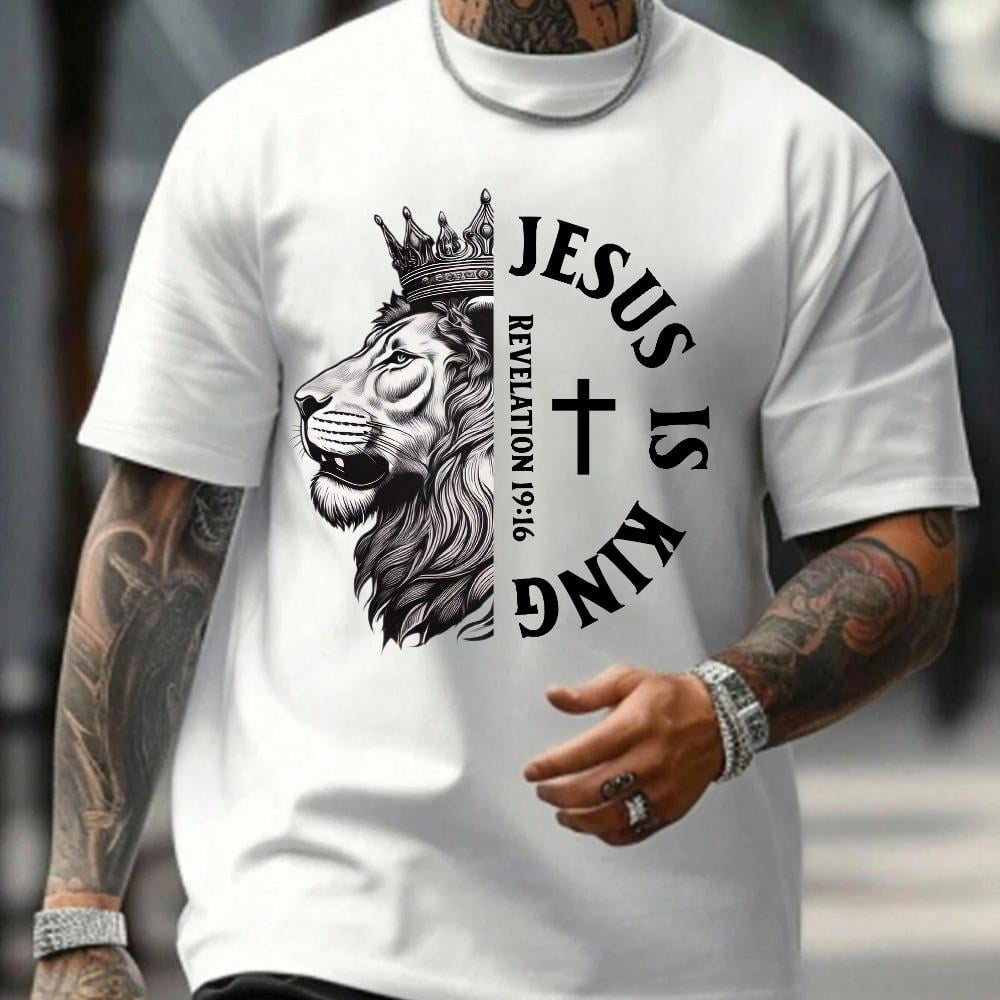 Casual Print Tees,"JESUS IS KING"Word Graphic T Shirt,Crew Neck Cotton ...
