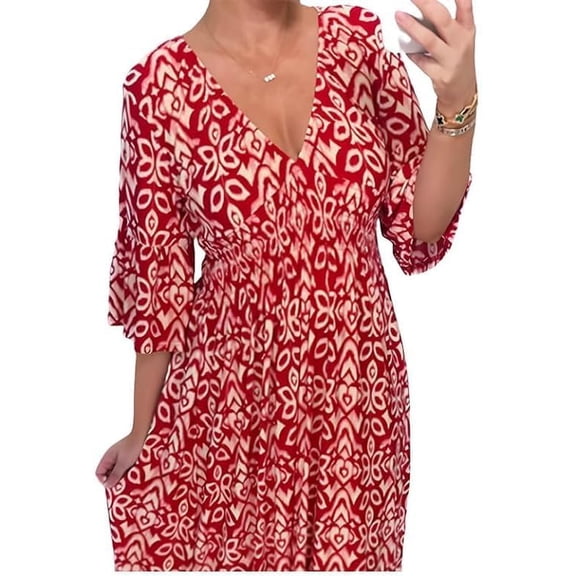 Casual Print V-Neck Long Dress, 2024 Dress Plus Size Summer Floral Dress, 3/4 Sleeve Flowy Dresses for Women