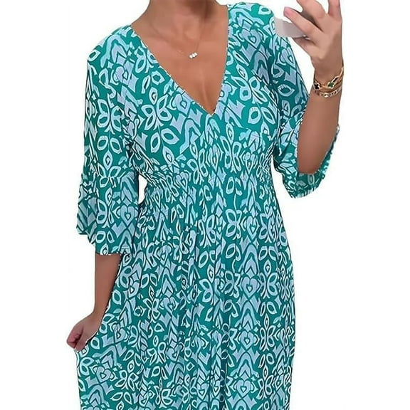 Casual Print V-Neck Long Dress, 2024 Dress Plus Size Summer Floral Dress, 3/4 Sleeve Flowy Dresses for Women