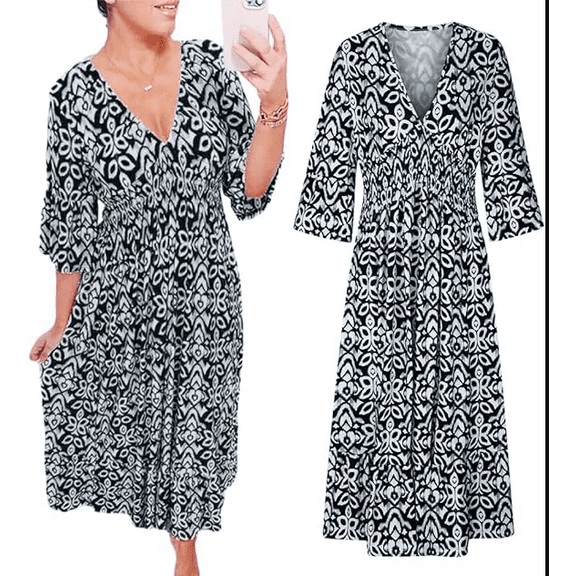 Casual Print V-Neck Long Dress Plus Size Summer Boho Floral Dress Short Sleeve Beach Women
