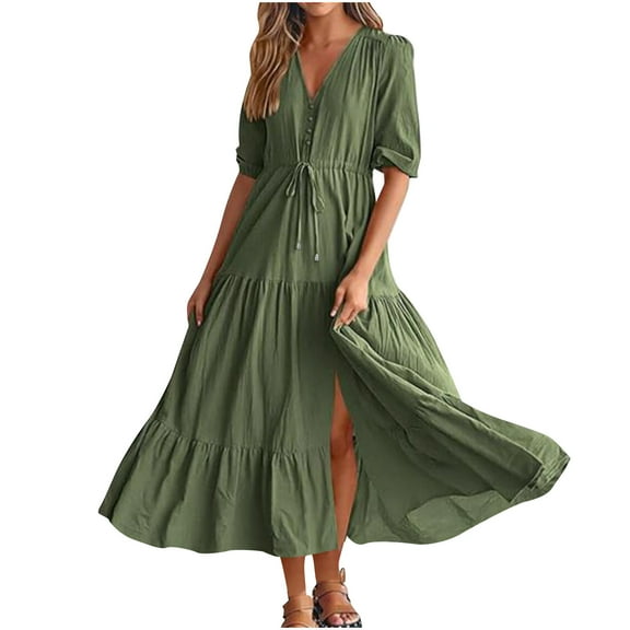 Casual Print V-Neck Long Dress Plus Size Summer V Neck Boho Floral Dress Short Sleeve Beach Long Dress for Women Army Green XXL