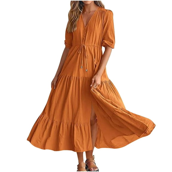 Casual Print V-Neck Long Dress Plus Size Summer V Neck Boho Floral Dress Short Sleeve Beach Long Dress for Women Orange L