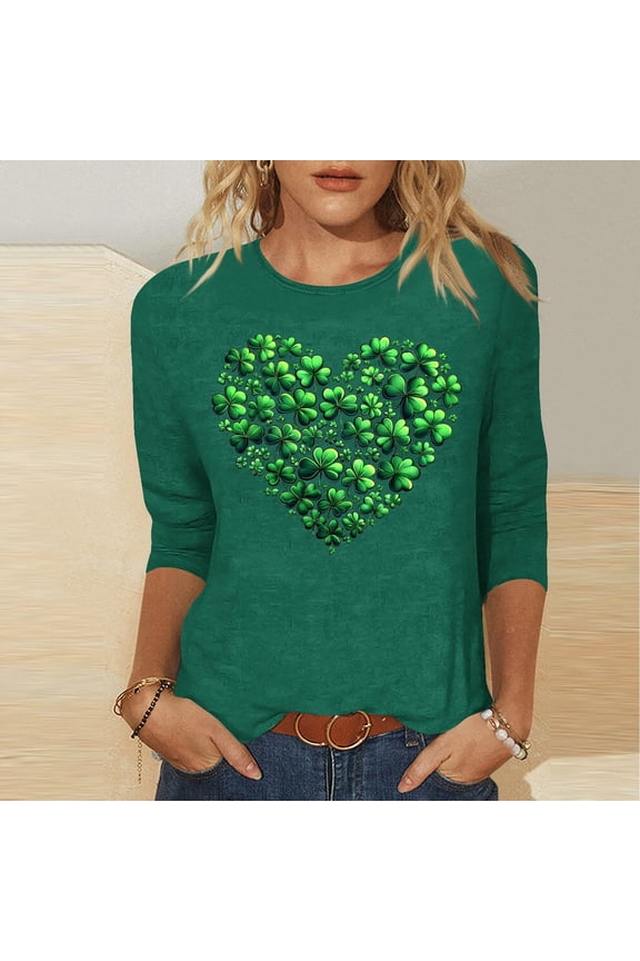 Casual Print Winter Quarter Sleeve Round Neck Blouse Soft Comfortable Daily Wear Tee Shirt Celebrating St. Patrick's Day,Green,L
