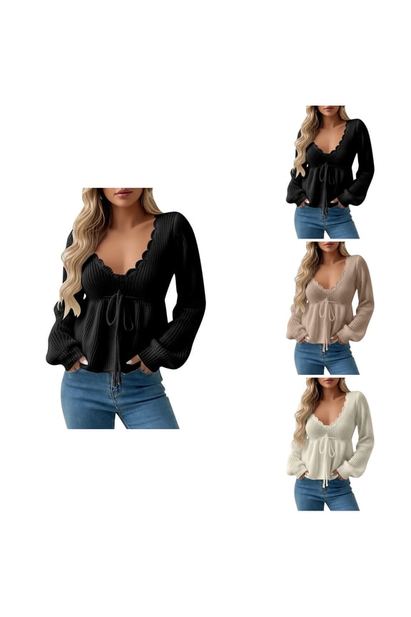 Casual Pullover Sweater Deep V Neck Tie Drawstring Long Sleeve Ruffle Hem Blouse Soft Comfortable Knit Wear