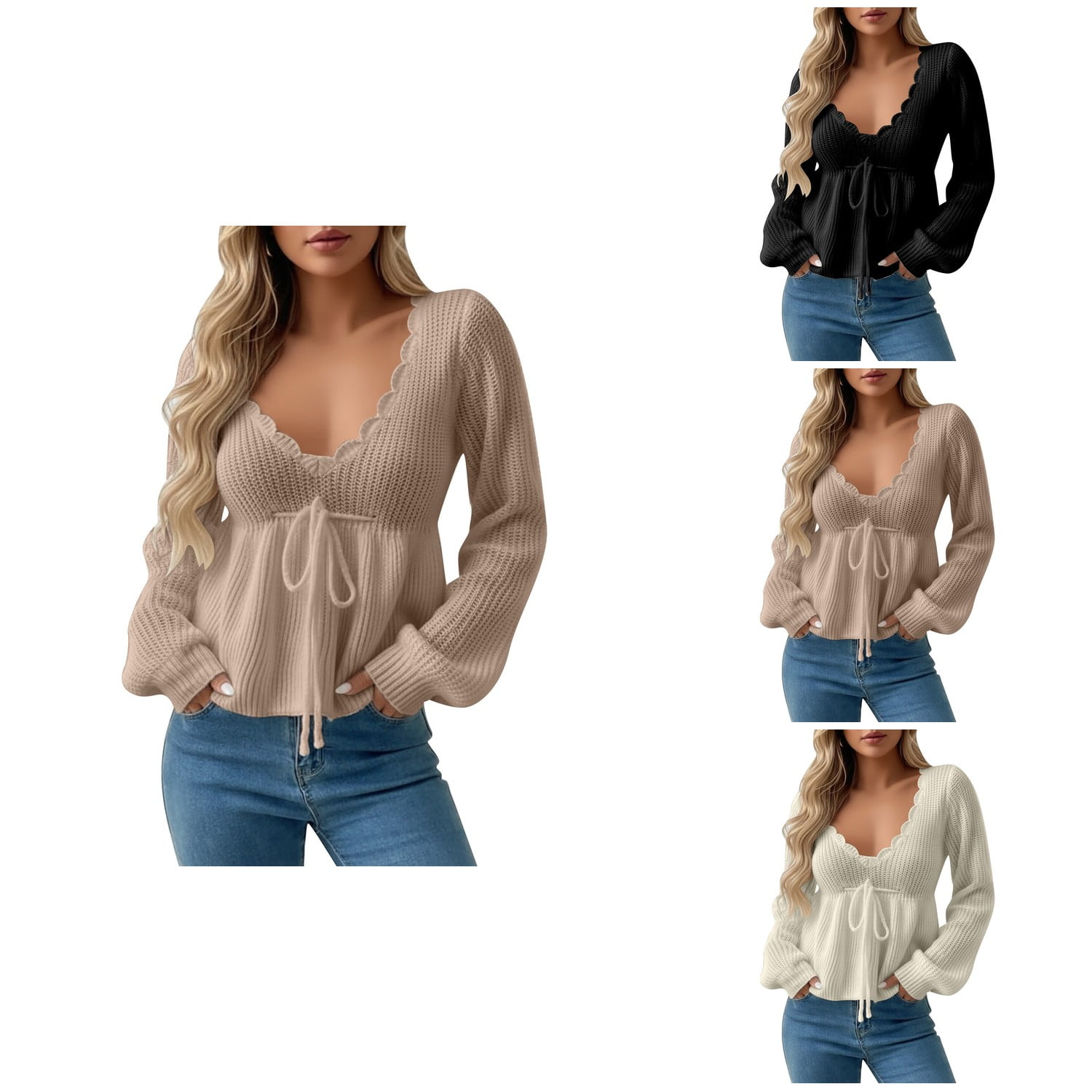 Casual Puff Sleeves Long Sleeves Solid Color Deep V-Neck Sweater Pullovers