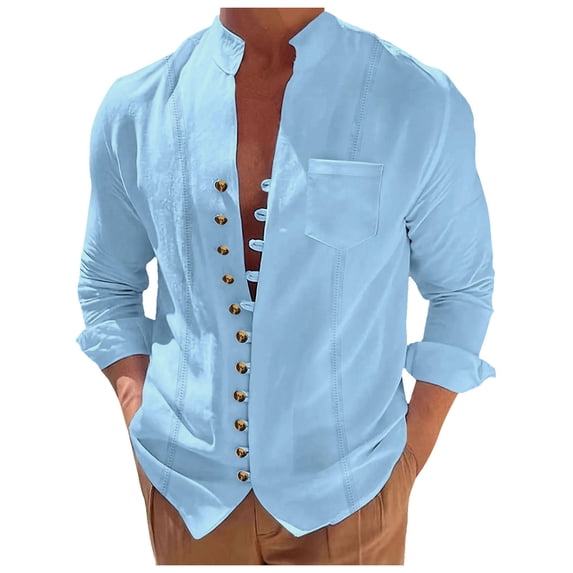 Casual Pullover for Mens Long Sleeve Solid Button Down Beach Tops,Blue,2XL