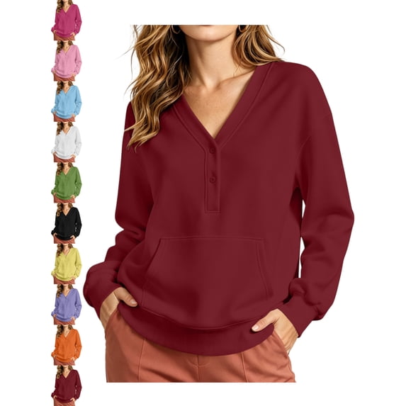 Casual Pullover for Women Oversized Long Sleeve V-Neck Henley Button Kangaroo Pocket Loose Fit Everyday Tops