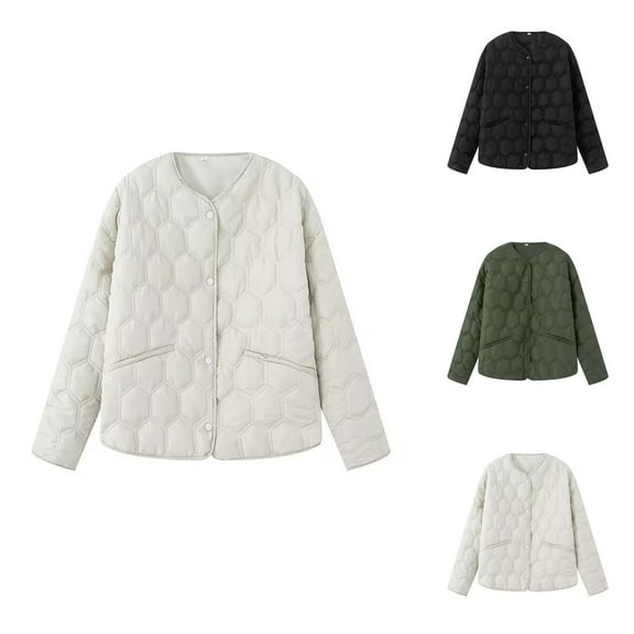 Casual Quilted Jacket for Women 2025 Long Sleeve Lightweight Snap Button Round Neck Jackets with Pockets Outerwear