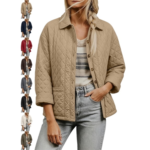 Casual Quilted Jacket for Women Collared Button Front Loose Fit Spring Fall Jacket