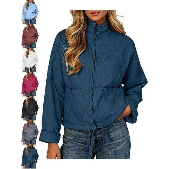 Casual Quilted Jackets for Women Ribbed Collar Long Sleeve Zip Front Loose Fit Fall Jacket