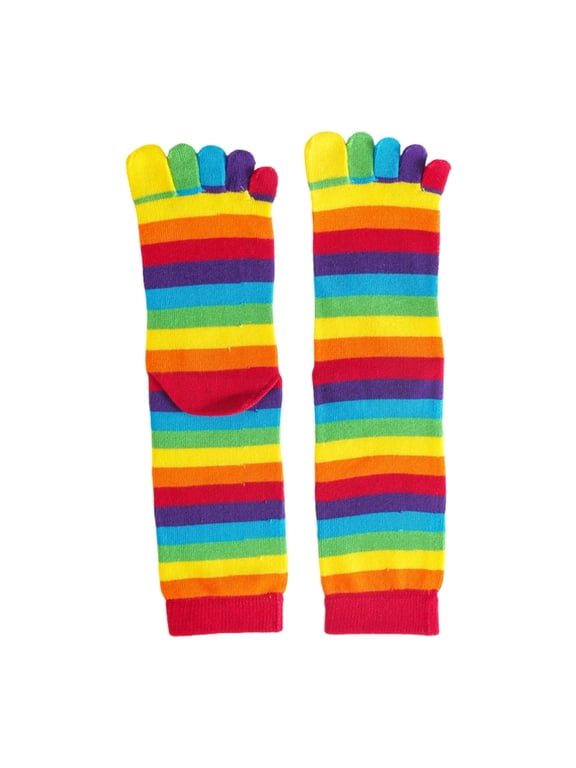 Casual Rainbow Striped Toe Separator Five Finger Middle Tube Socks for Women