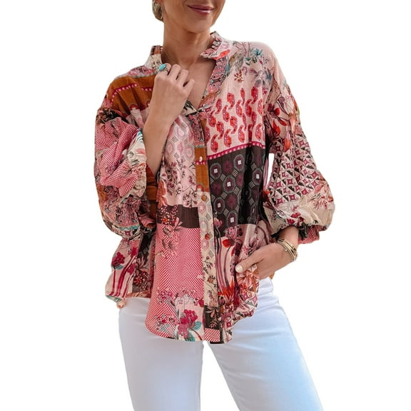 Casual Red Patchwork Bubble Sleeve Top - Perfect for Spring Outfits - [ZhiHiMeRi] | (US 4-6)S