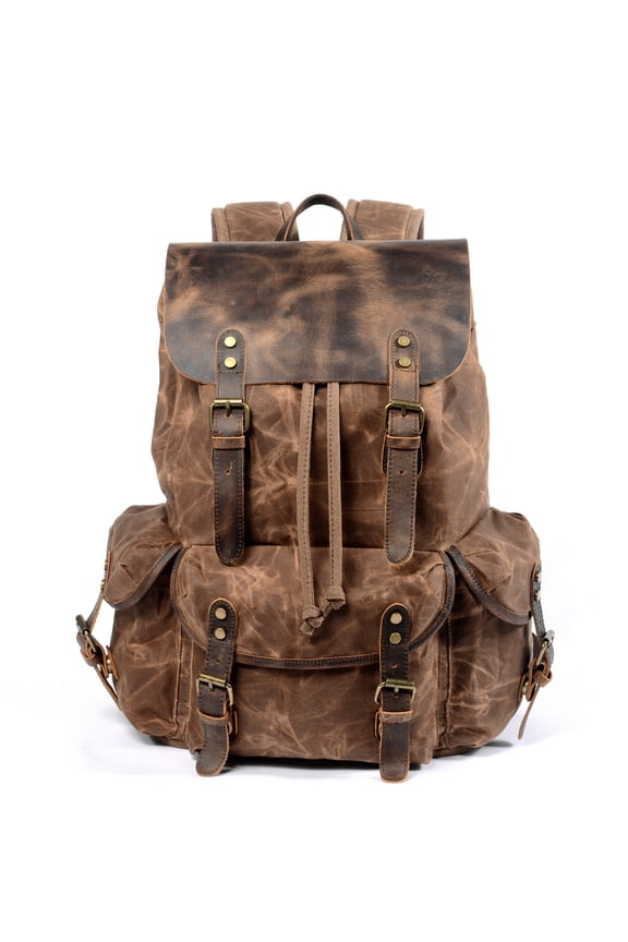 Casual Retro Drawstring Men's Oil Wax Canvas Travel Backpack,Khaki