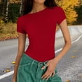 thumbnail image 1 of Casual Ribbed Knit Slim Fit Short Sleeve Tee for Women Solid Crew Neck Basic T-Shirt Daily Wear SummerRedM, 1 of 6